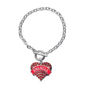 Silver Red Kwanzaa Red Pave Heart Charm Toggle Bracelet