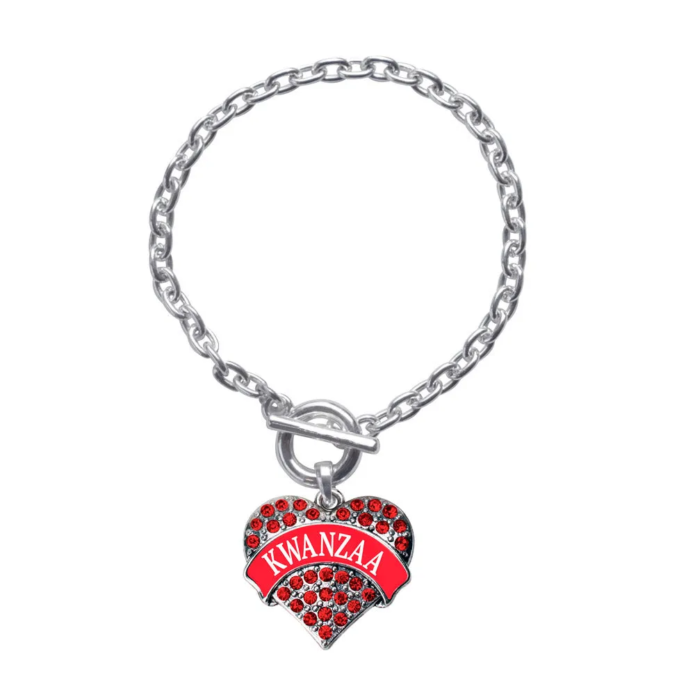 Silver Red Kwanzaa Red Pave Heart Charm Toggle Bracelet