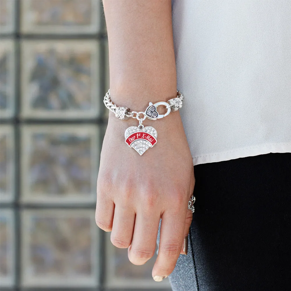 Silver Red Our First X-Mas Pave Heart Charm Braided Bracelet