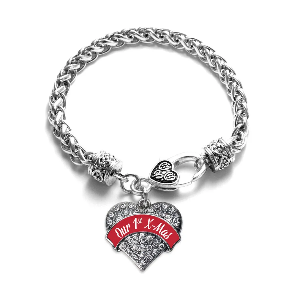 Silver Red Our First X-Mas Pave Heart Charm Braided Bracelet