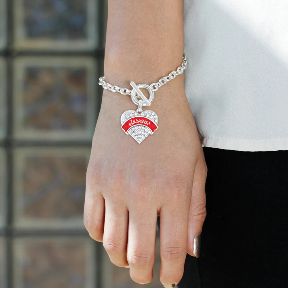 Silver Red Survivor Pave Heart Charm Toggle Bracelet