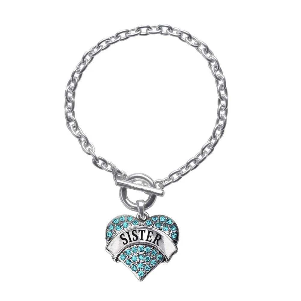 Silver Sister Aqua Aqua Pave Heart Charm Toggle Bracelet