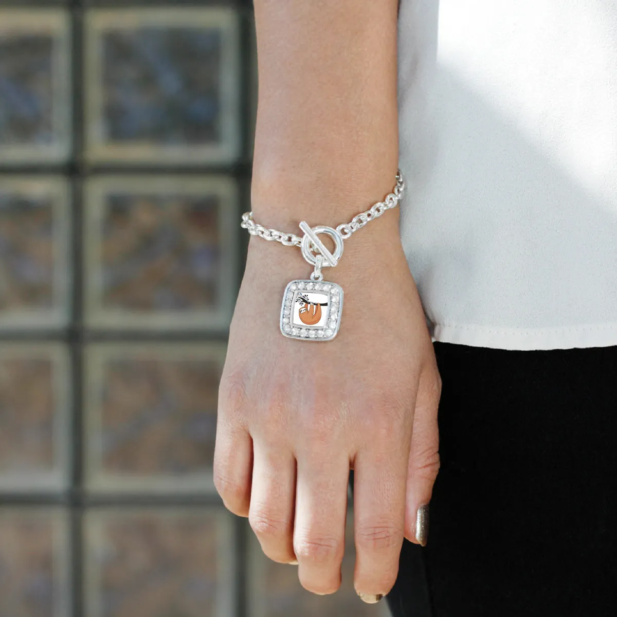 Silver Sloth Square Charm Toggle Bracelet