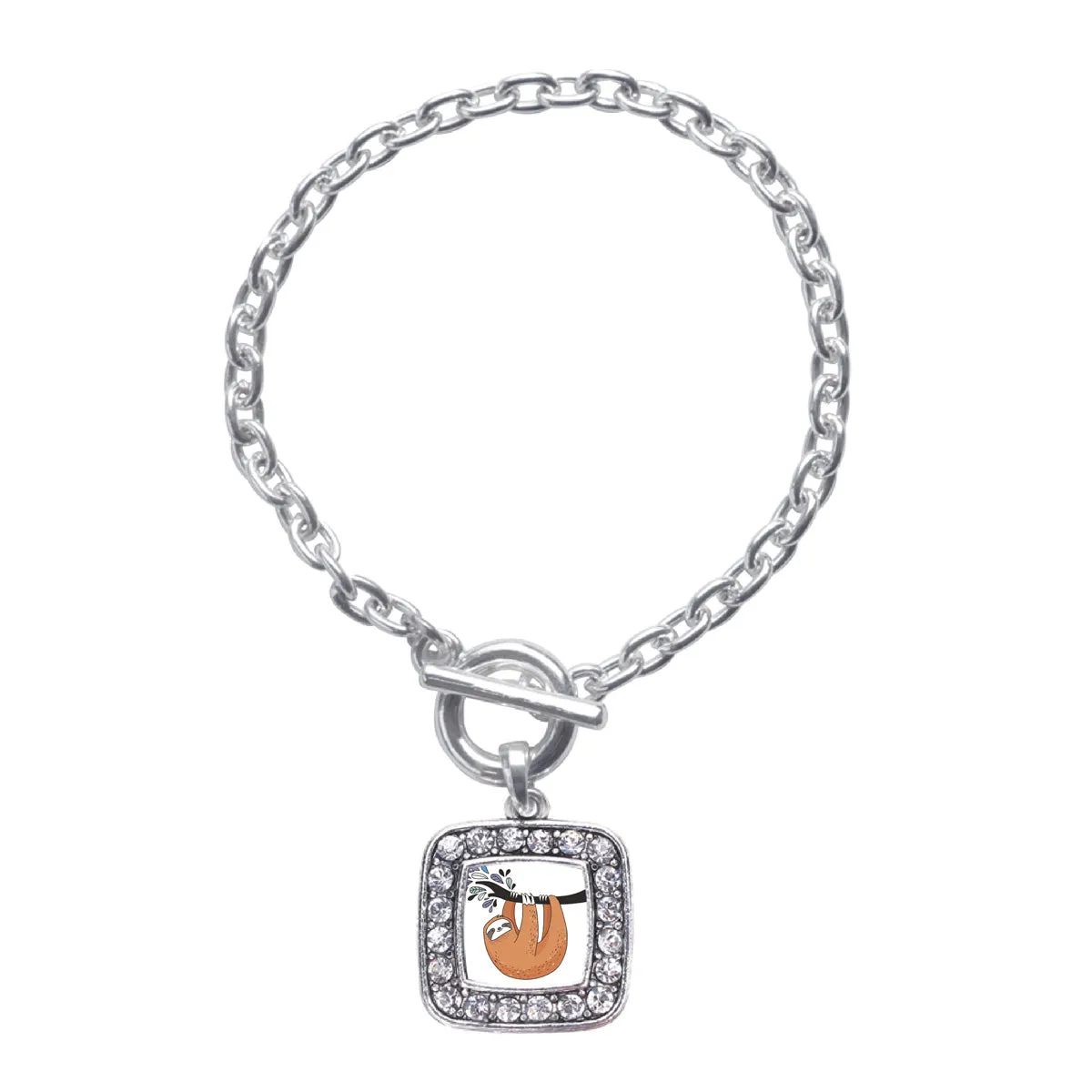 Silver Sloth Square Charm Toggle Bracelet