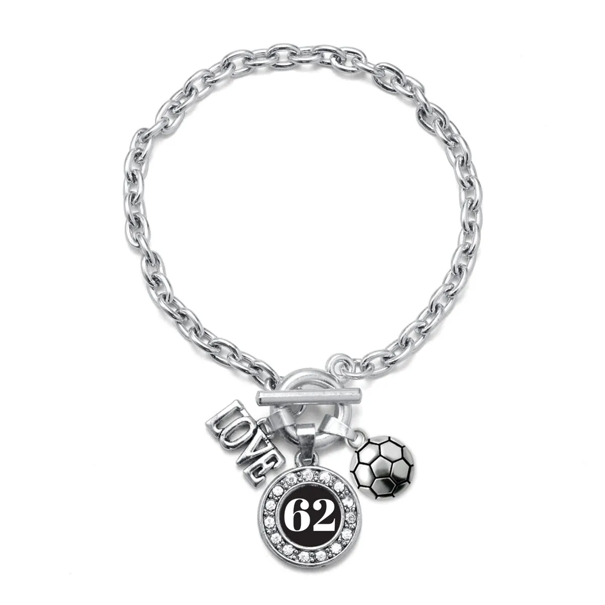 Silver Soccer - Sports Number 62 Circle Charm Toggle Bracelet