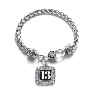 Silver Sport Number 13 Square Charm Braided Bracelet