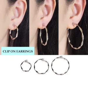 Silver Twisted Clip On Hoop Earrings