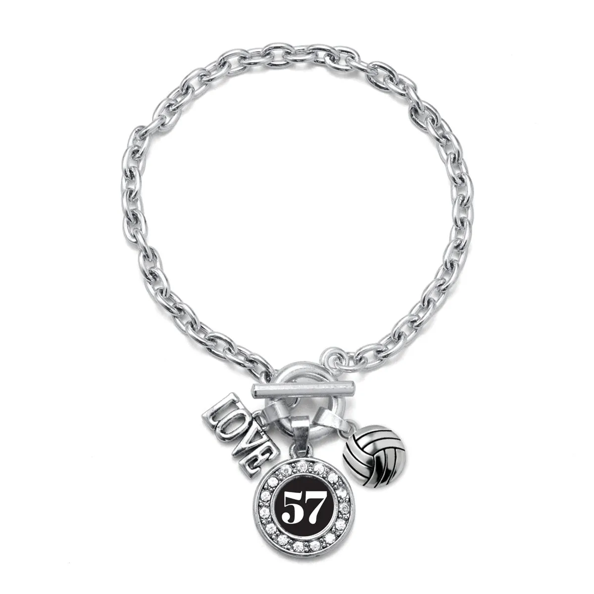 Silver Volleyball - Sports Number 57 Circle Charm Toggle Bracelet