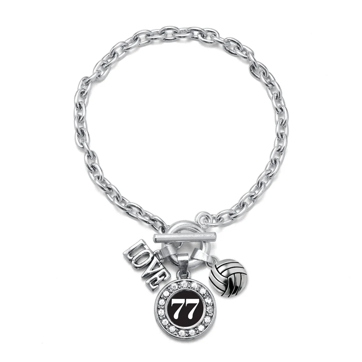 Silver Volleyball - Sports Number 77 Circle Charm Toggle Bracelet