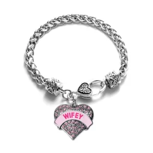 Silver Wifey Candy Pink Pink Pave Heart Charm Braided Bracelet