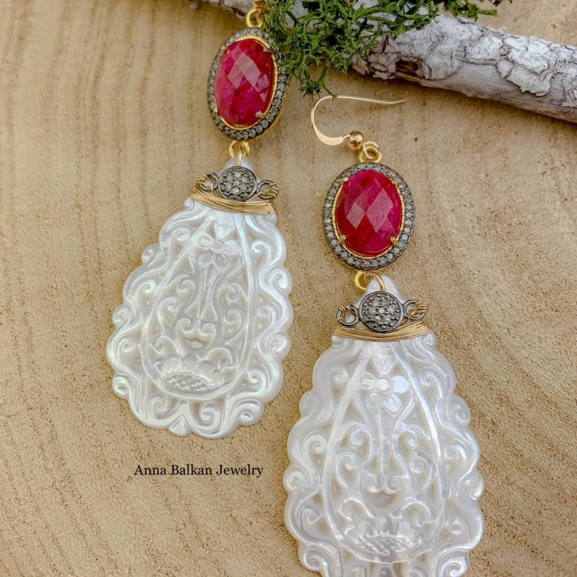 Starlit Ruby: Diamond Pave and Carved Pearl Earrings