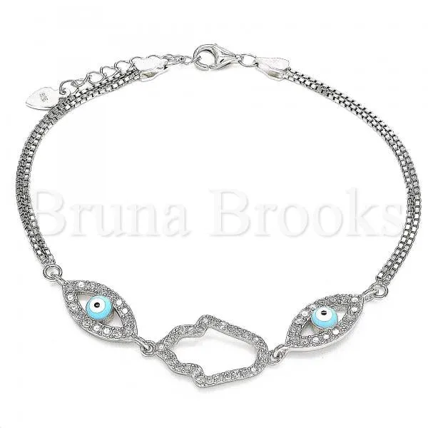 Sterling Silver 03.286.0030.07 Fancy Bracelet, Hand of God and Greek Eye Design, with White Cubic Zirconia, Turquoise Enamel Finish, Rhodium Tone