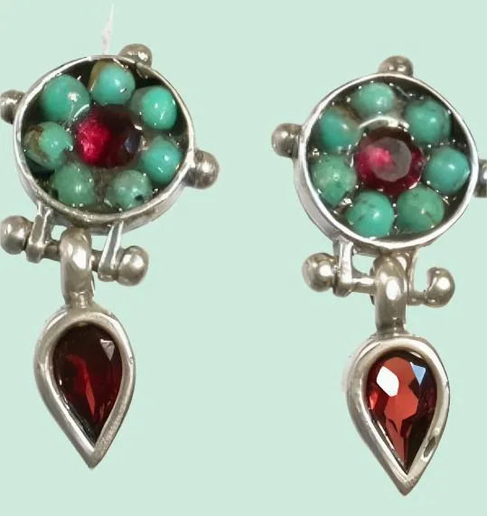 Sterling Silver Earrings, Garnets Turquoises,   Stud Dangling Earrings