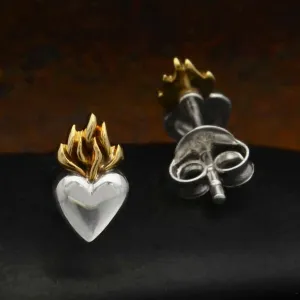 Sterling Silver Flaming Heart Stud Earrings