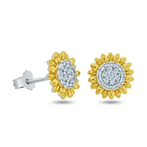 Sterling Silver Rhodium Plated 2 Toned Sunflower CZ Stud Earrings