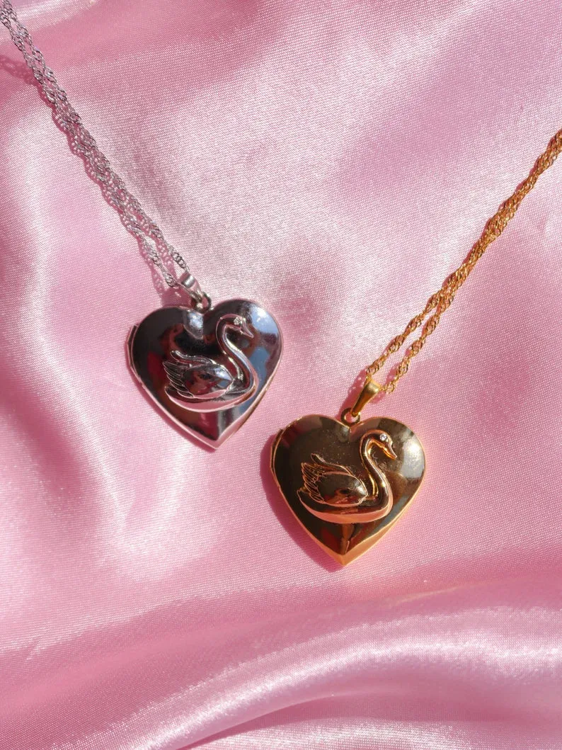 Swan Princess Odette Heart Amulet Necklace, Gold or Silver Plated Locket Heart Necklace