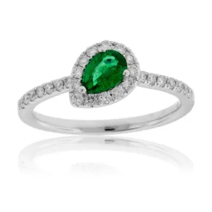 Tilted Pear Green Emerald & Diamond Halo Style Gold Ring