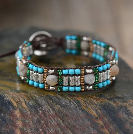 Turquoise Tibetan Silver Mix Jasper Cuff Beaded Bracelet