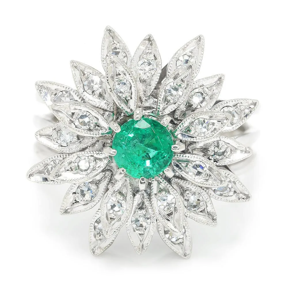 Vintage Emerald Flower Ring with Diamonds White Gold