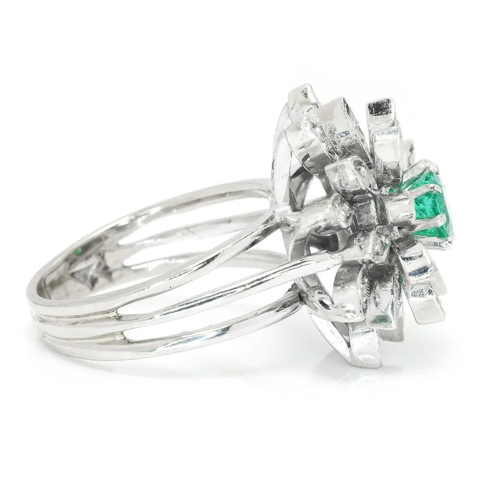 Vintage Emerald Flower Ring with Diamonds White Gold