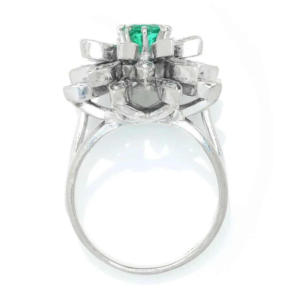 Vintage Emerald Flower Ring with Diamonds White Gold