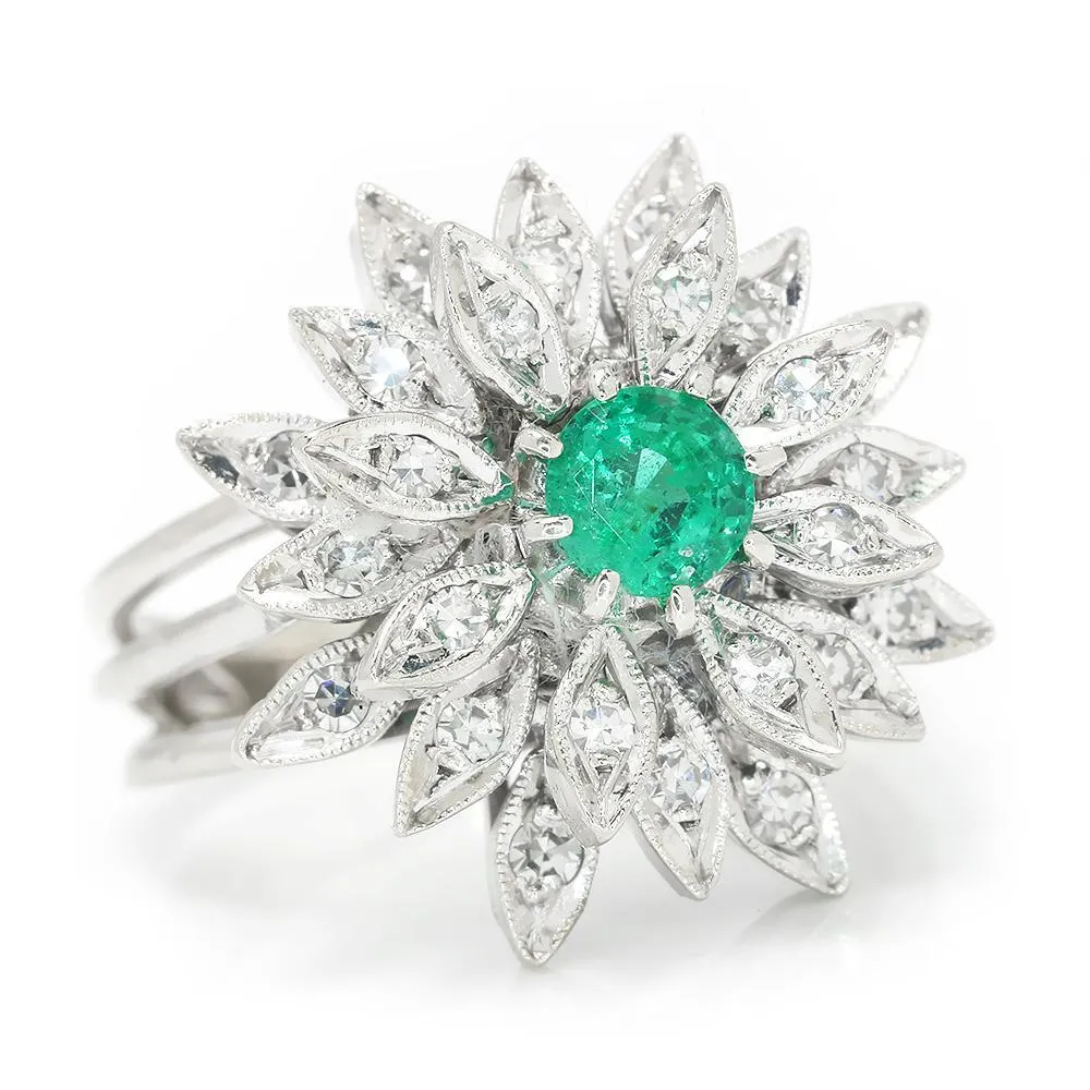 Vintage Emerald Flower Ring with Diamonds White Gold