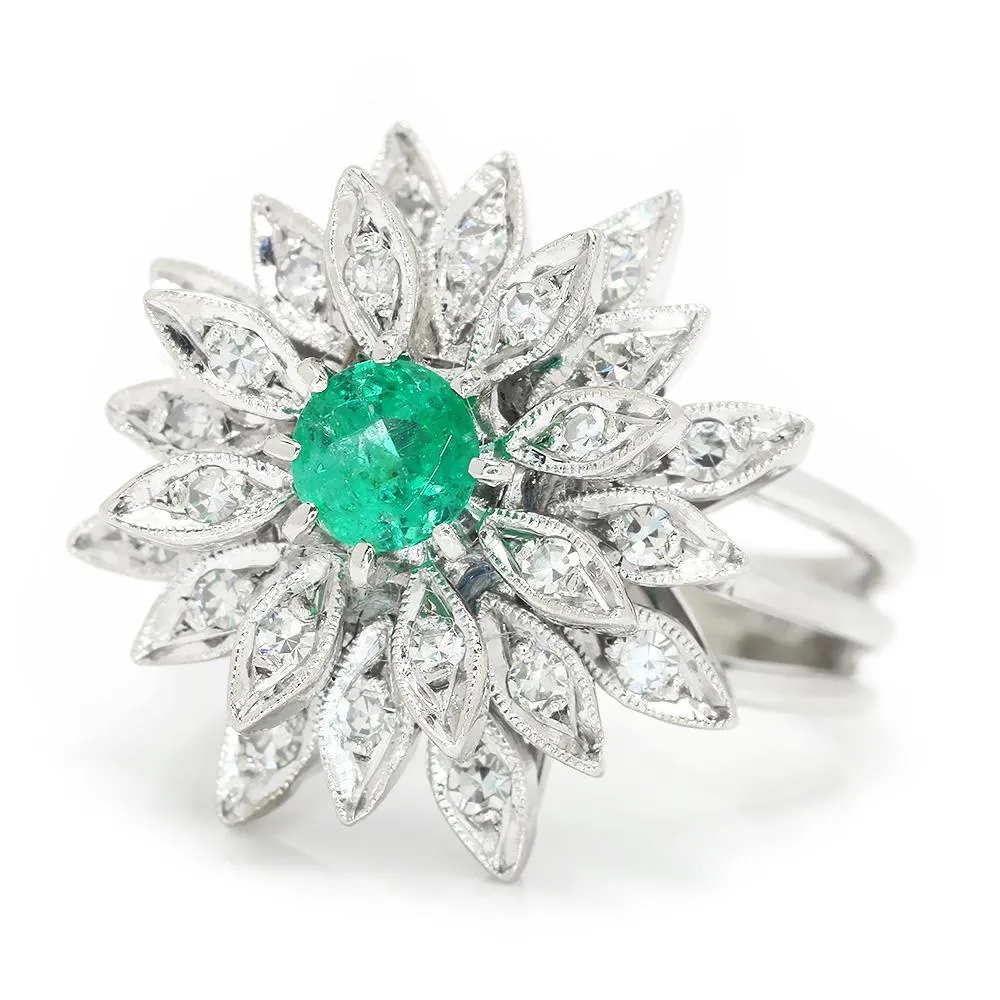 Vintage Emerald Flower Ring with Diamonds White Gold