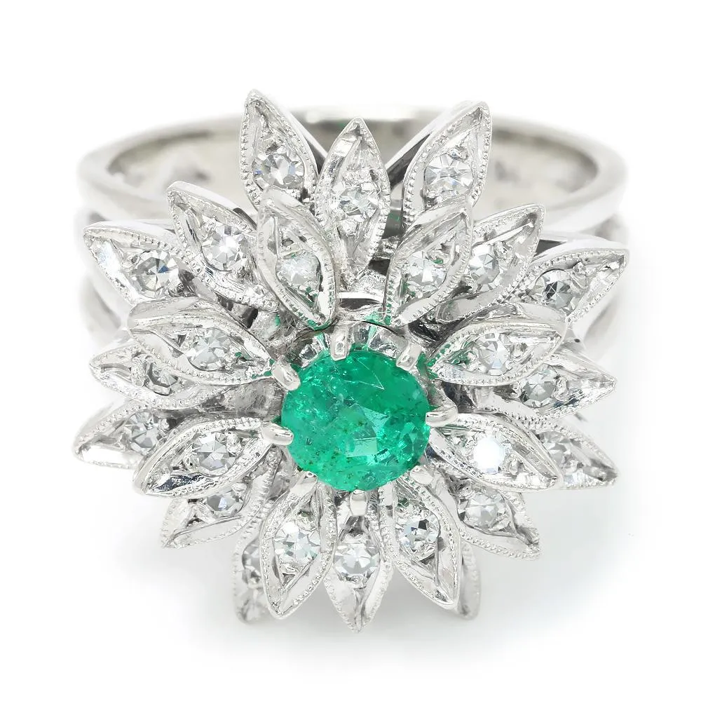 Vintage Emerald Flower Ring with Diamonds White Gold