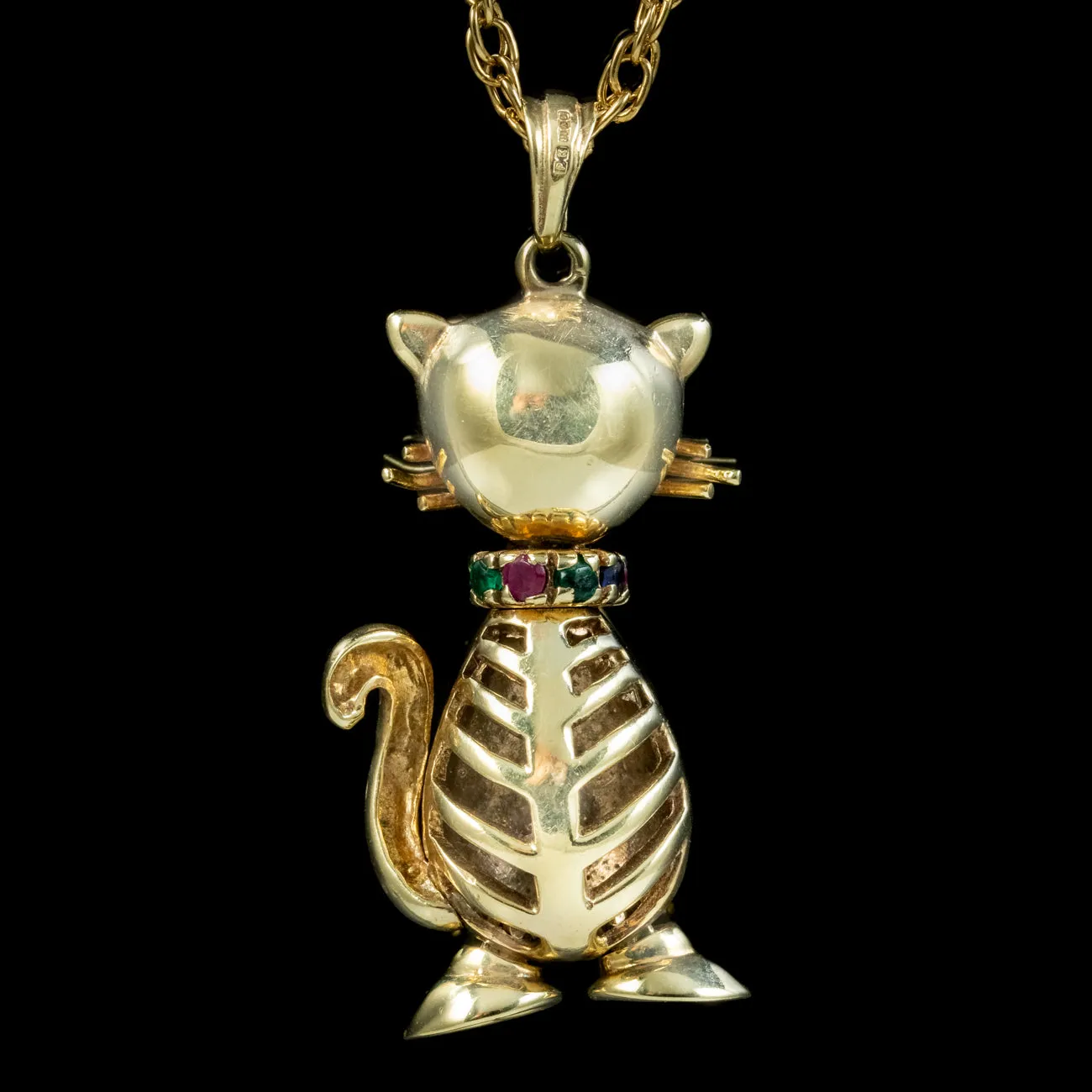 Vintage Gemstone Cat Pendant Necklace 9ct Gold