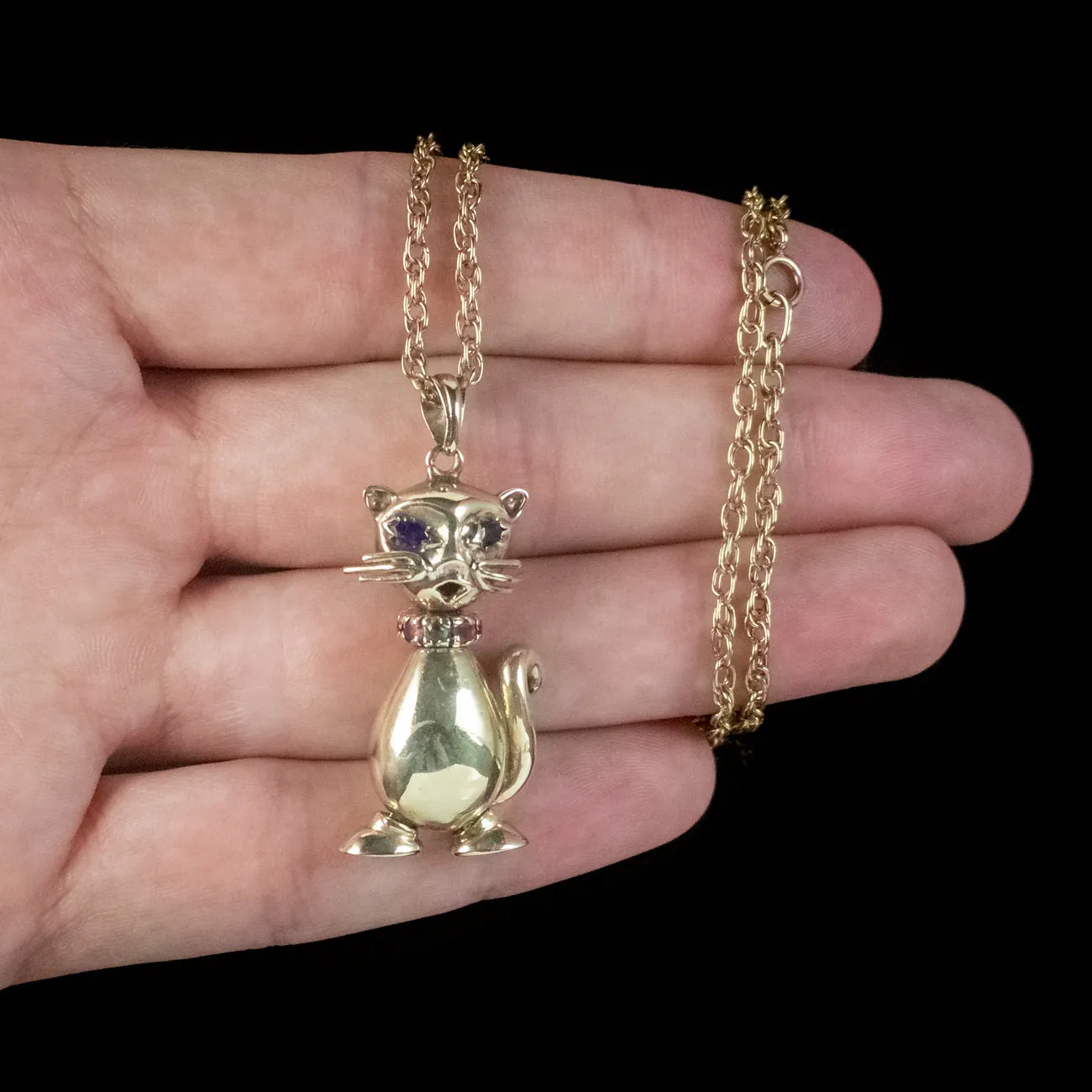 Vintage Gemstone Cat Pendant Necklace 9ct Gold