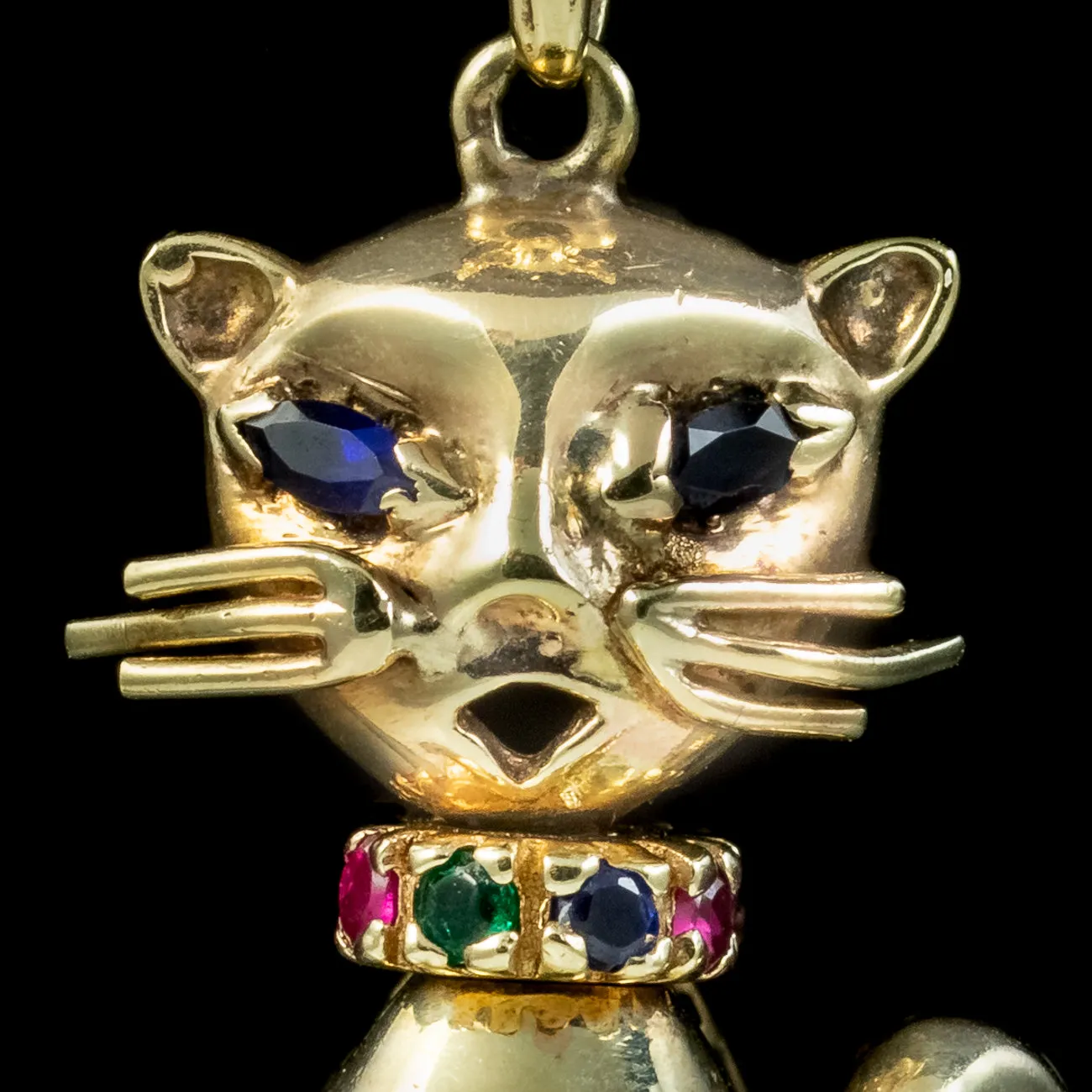 Vintage Gemstone Cat Pendant Necklace 9ct Gold