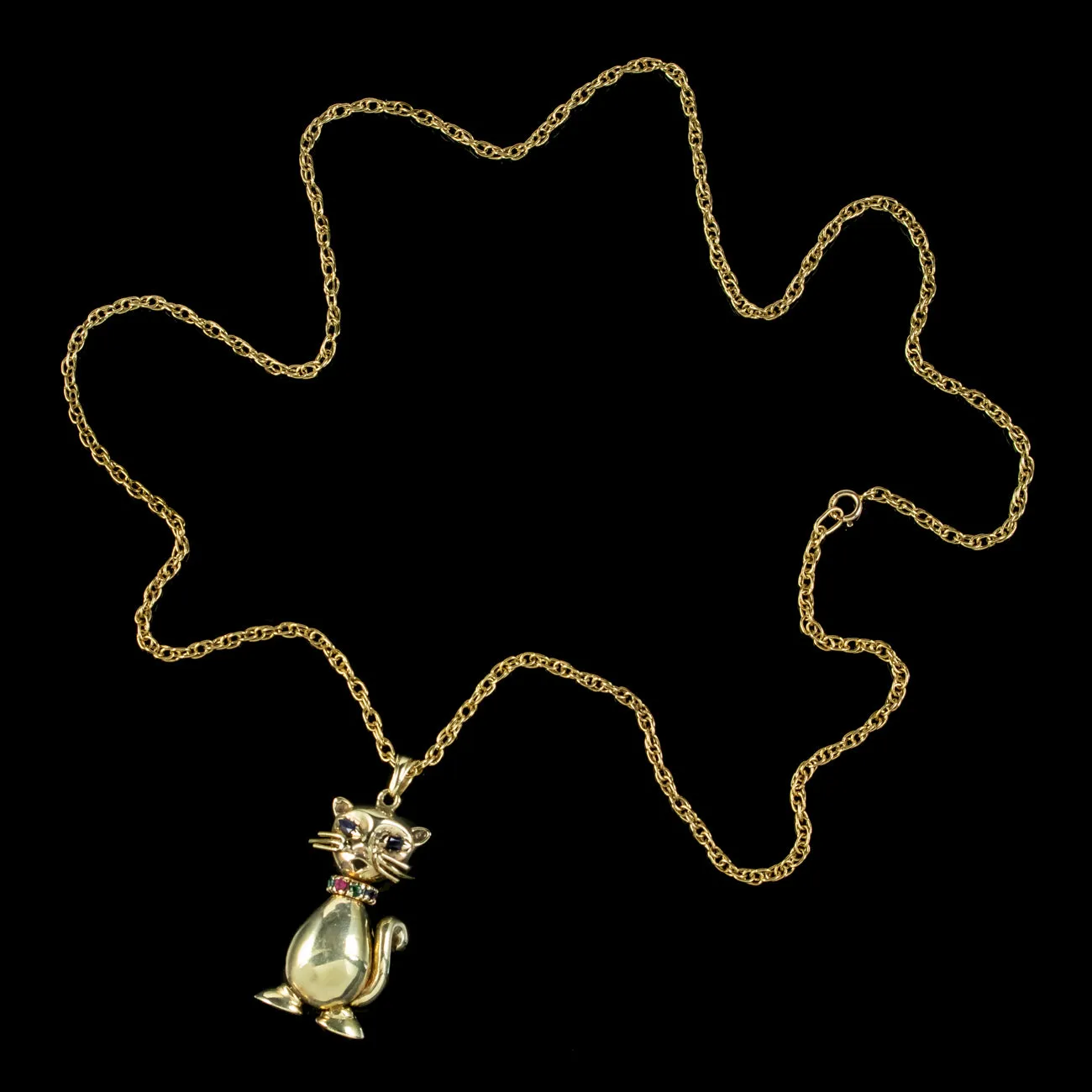 Vintage Gemstone Cat Pendant Necklace 9ct Gold