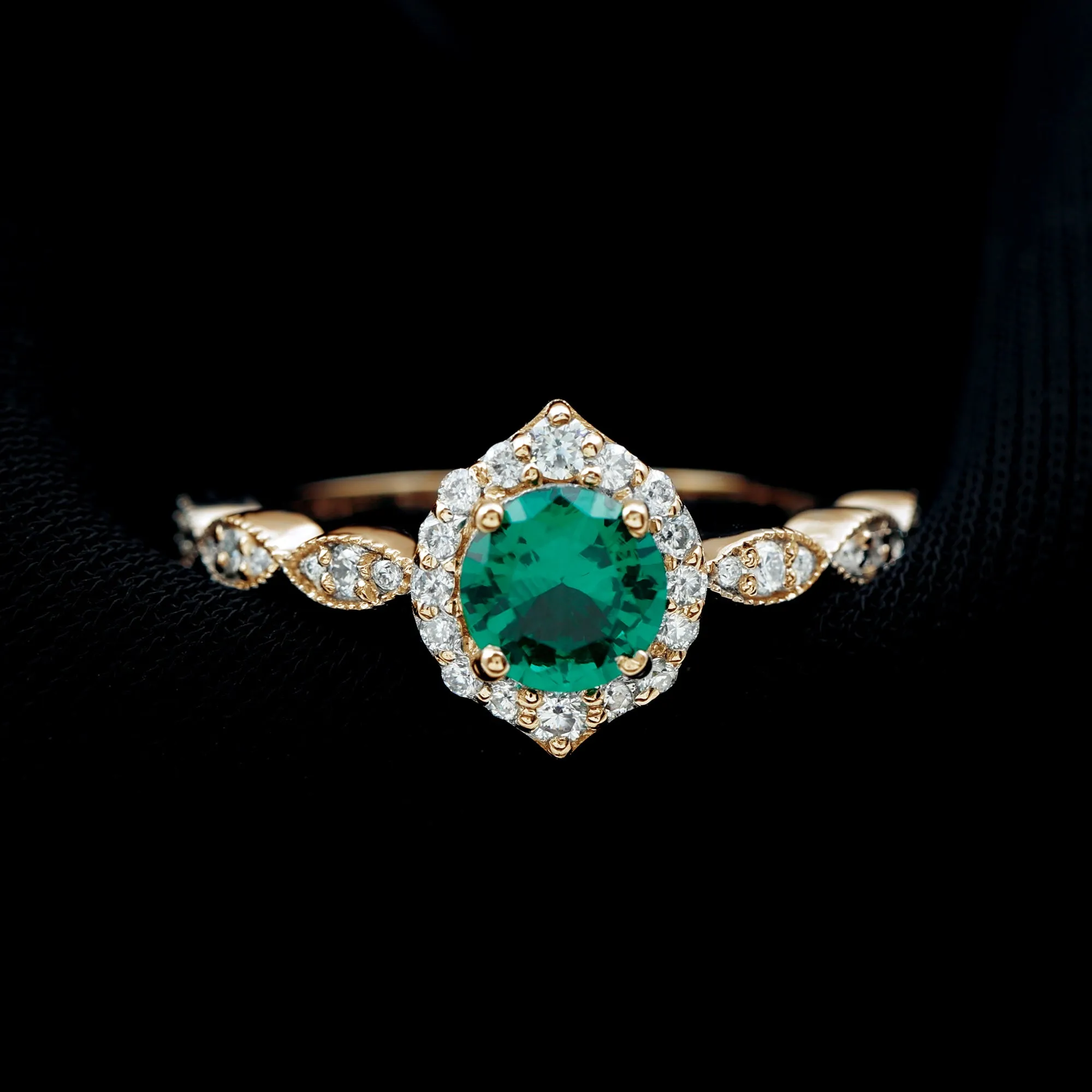 Vintage Inspired Created Emerald Engagement Ring with Diamond