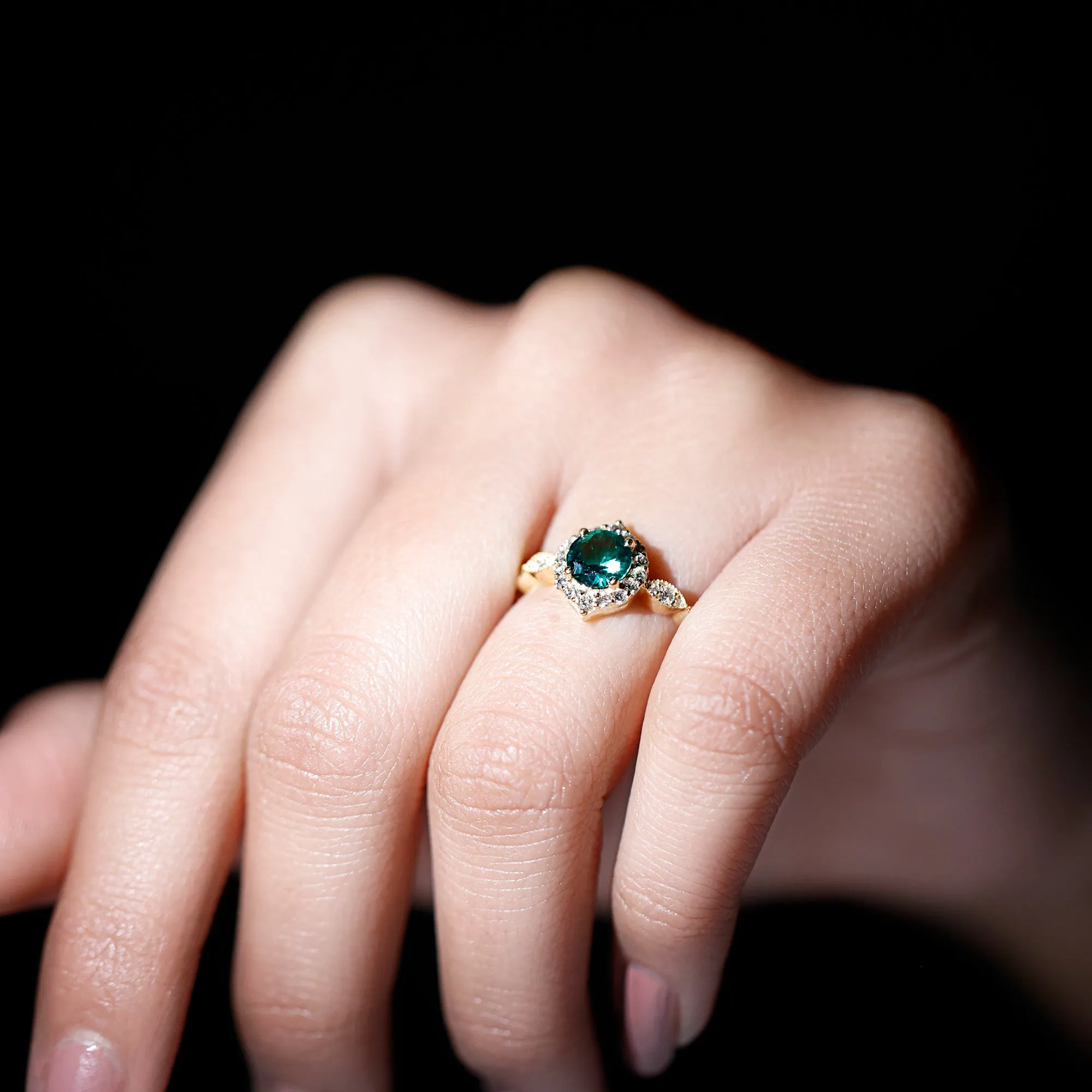 Vintage Inspired Created Emerald Engagement Ring with Diamond