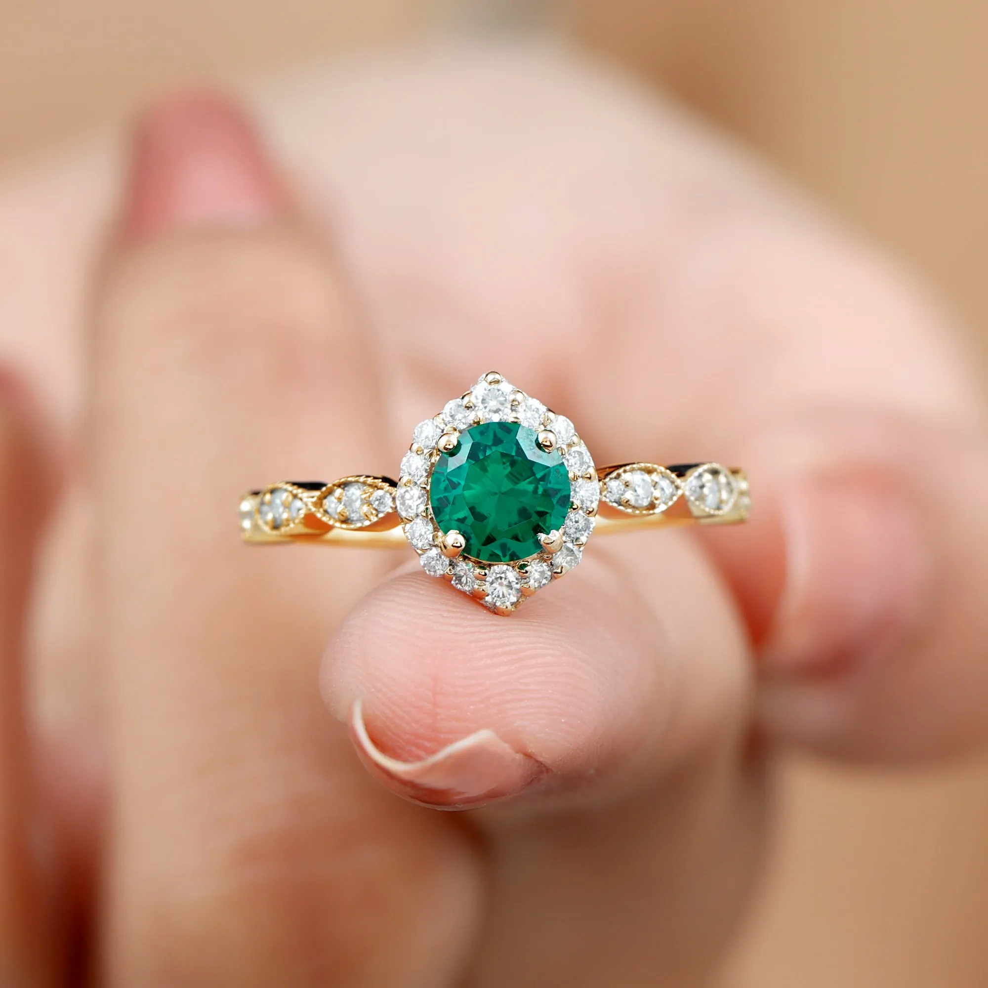 Vintage Inspired Created Emerald Engagement Ring with Diamond