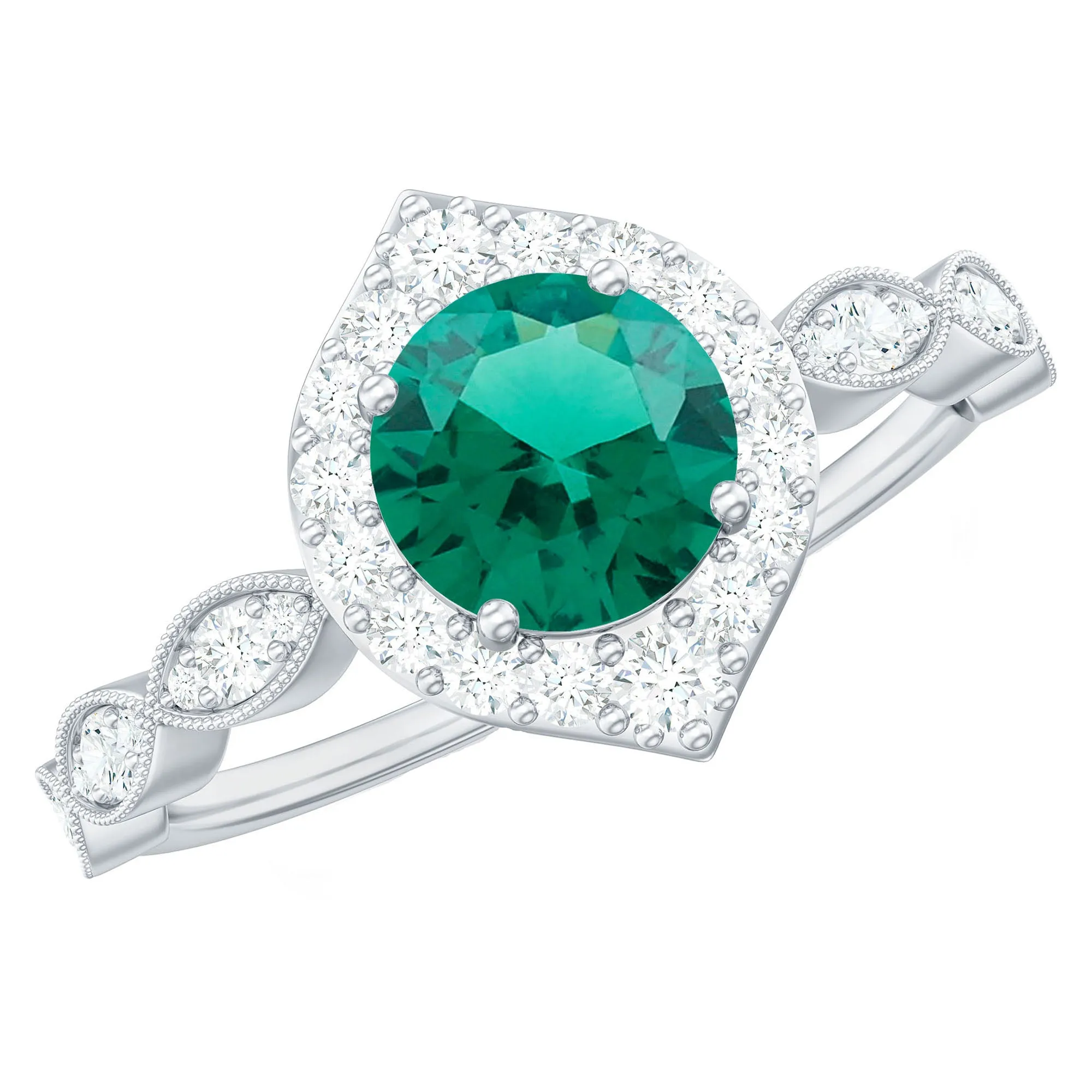 Vintage Inspired Created Emerald Engagement Ring with Diamond