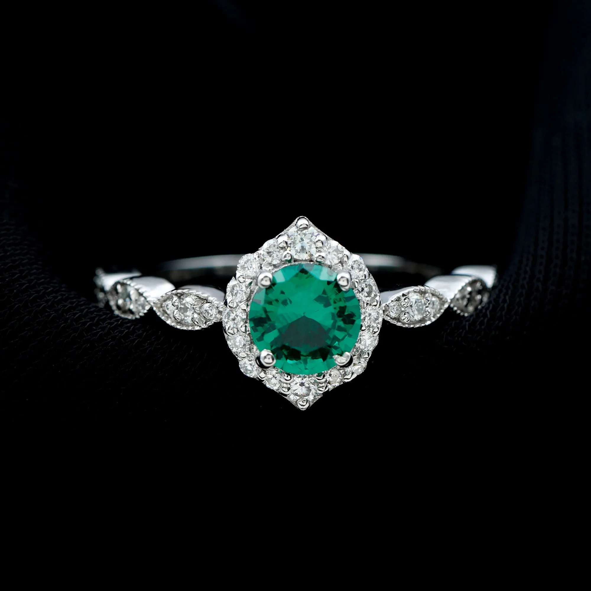 Vintage Inspired Created Emerald Engagement Ring with Diamond