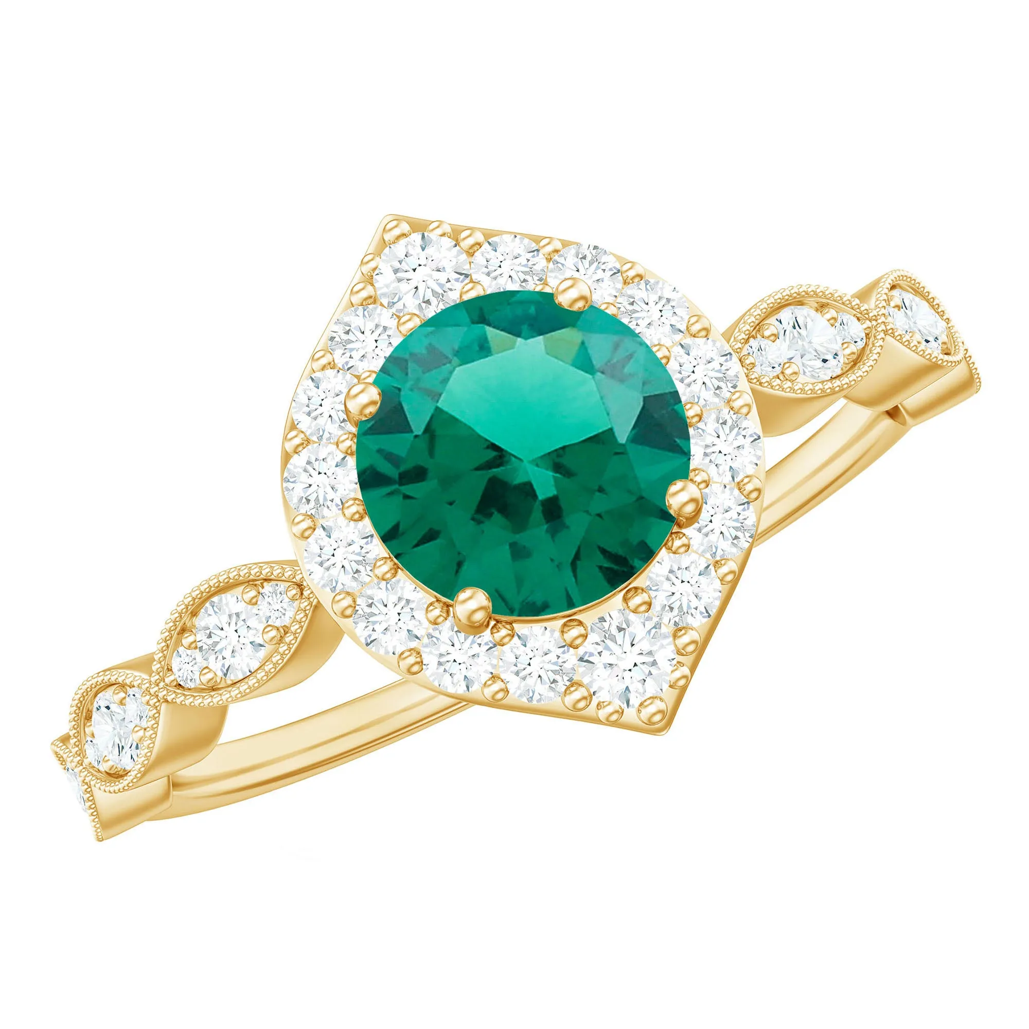 Vintage Inspired Created Emerald Engagement Ring with Diamond