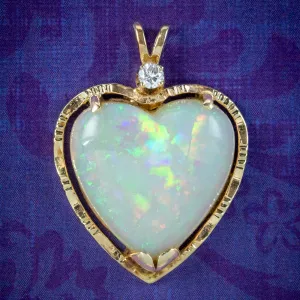 Vintage Opal Heart Diamond Pendant 15ct Gold 10ct Opal