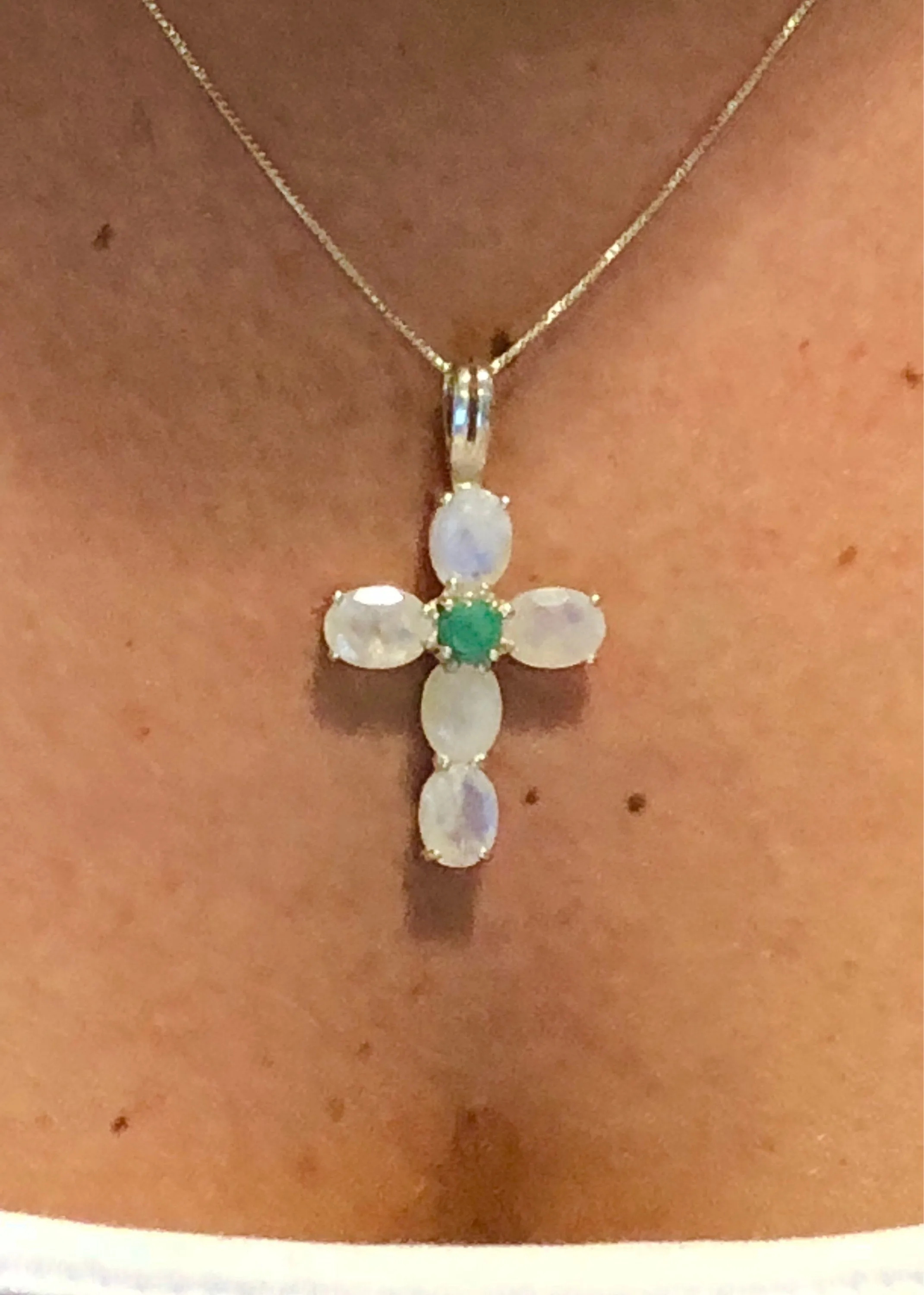 White Cross Pendant - Large Moonstone Necklace - June Birthstone Necklace