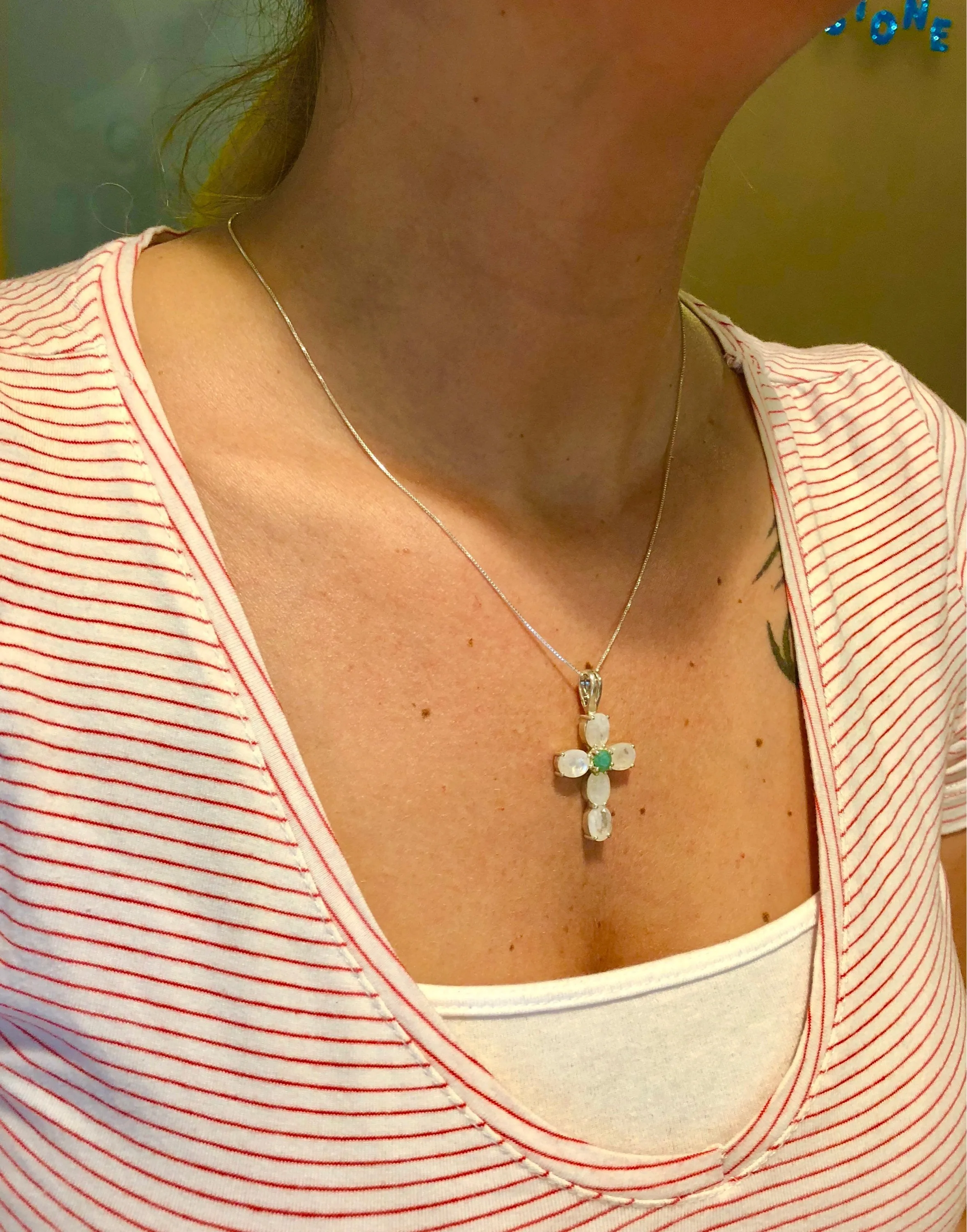 White Cross Pendant - Large Moonstone Necklace - June Birthstone Necklace