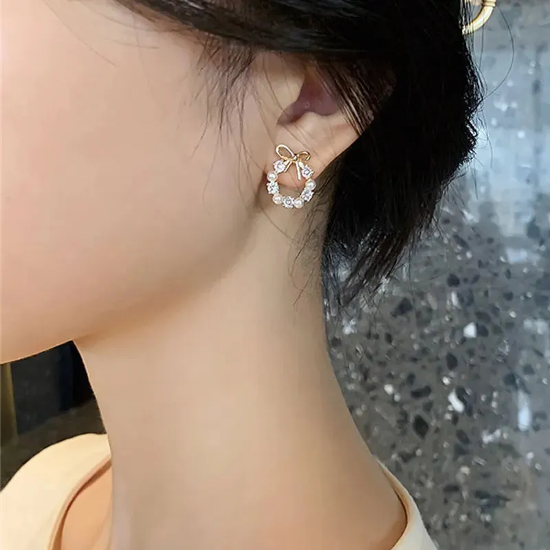 Wreath Bow Pearl Elegant Trend Fashion Simple Round Earring