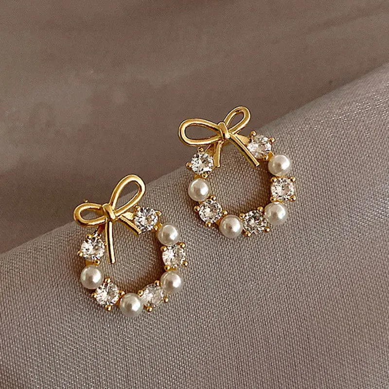 Wreath Bow Pearl Elegant Trend Fashion Simple Round Earring