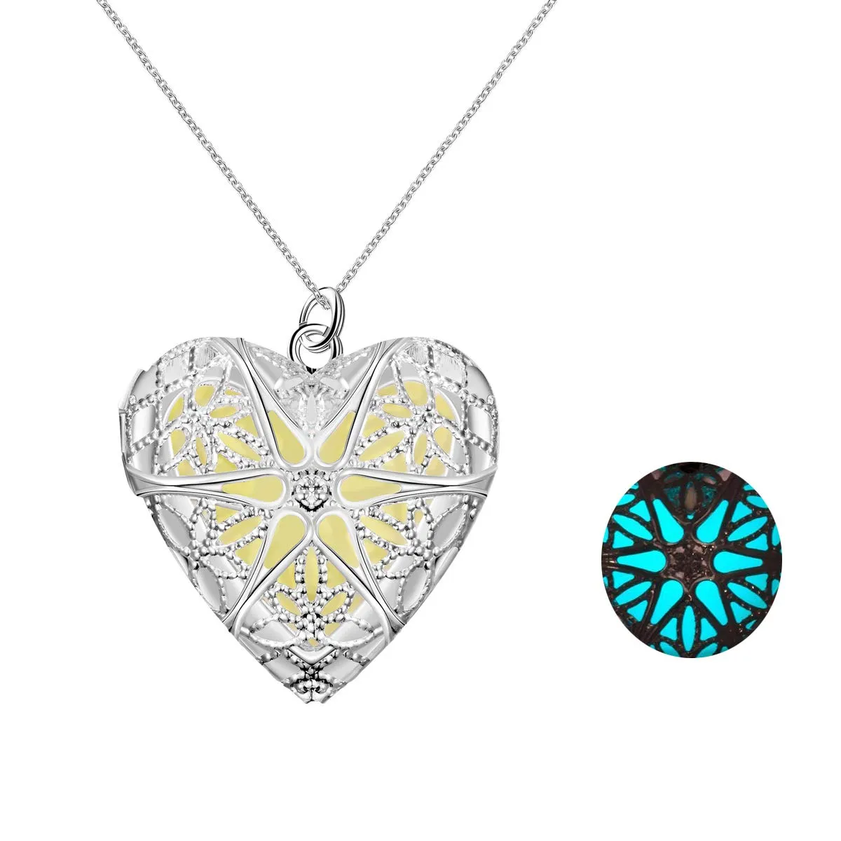 Yellow Chimes Chain Pendant for Women Silver Heart Pendant Glow-in-The-Dark Heart Locket Pendant for Girls and Women.